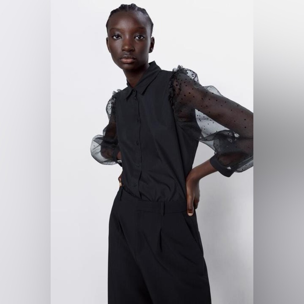 Zara Black Organza Sleeve Collard Shirt Long Puff Sleeves / Size XS